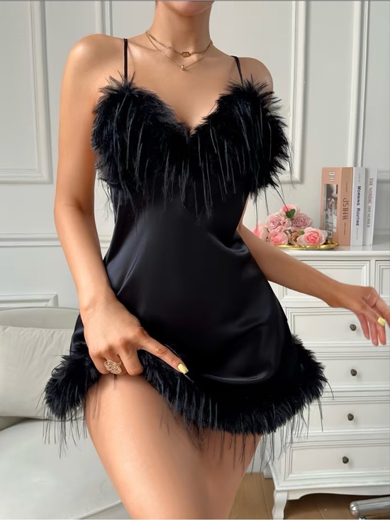 Other - Black Feather Trim Satin Slip Dress